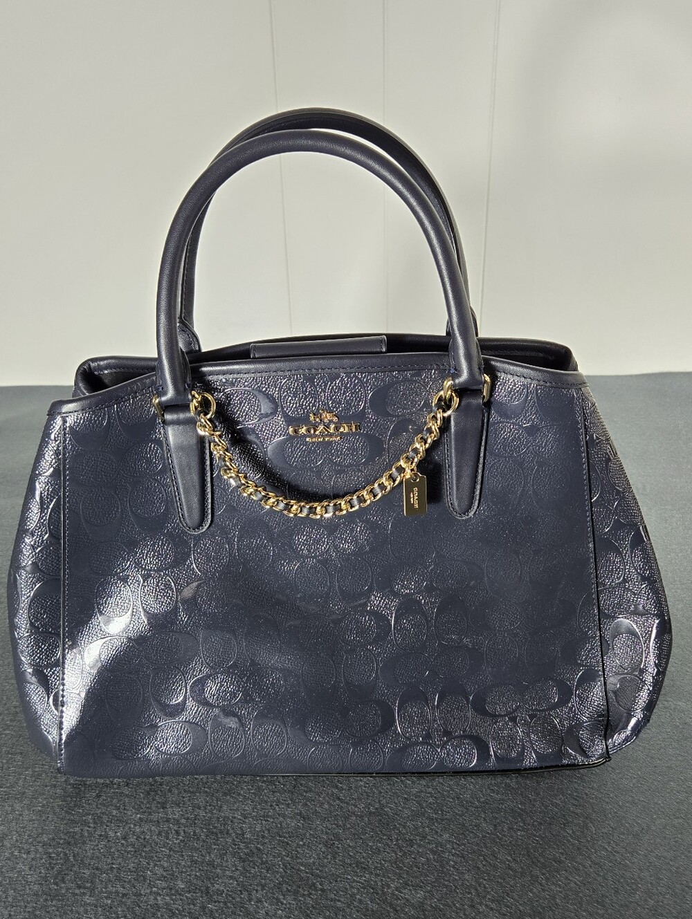 Coach Margot Embossed Navy Leather Satchel with Gold Chain Accent